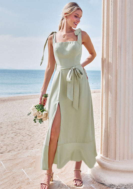 Sheath/Column Square Neckline Sleeveless Tea-Length Stretch Satin Bridesmaid Dresses with Bowknot Ruffles Split Deja DFP0025280