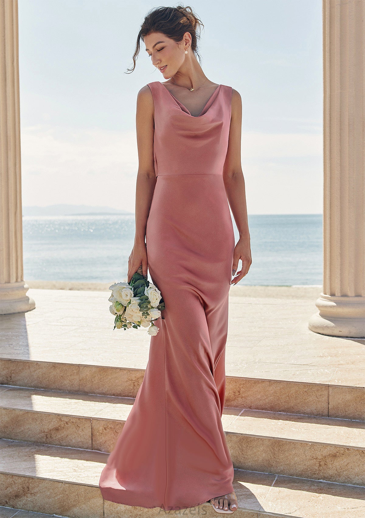 Trumpet/Mermaid Cowl Neck Sleeveless Floor-Length Stretch Satin Bridesmaid Dresses with Sashes Ryleigh DFP0025281