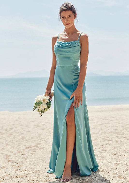 Sheath/Column Square Neckline Sleeveless Floor-Length Stretch Satin Bridesmaid Dresses with Pleated Split Maria DFP0025282