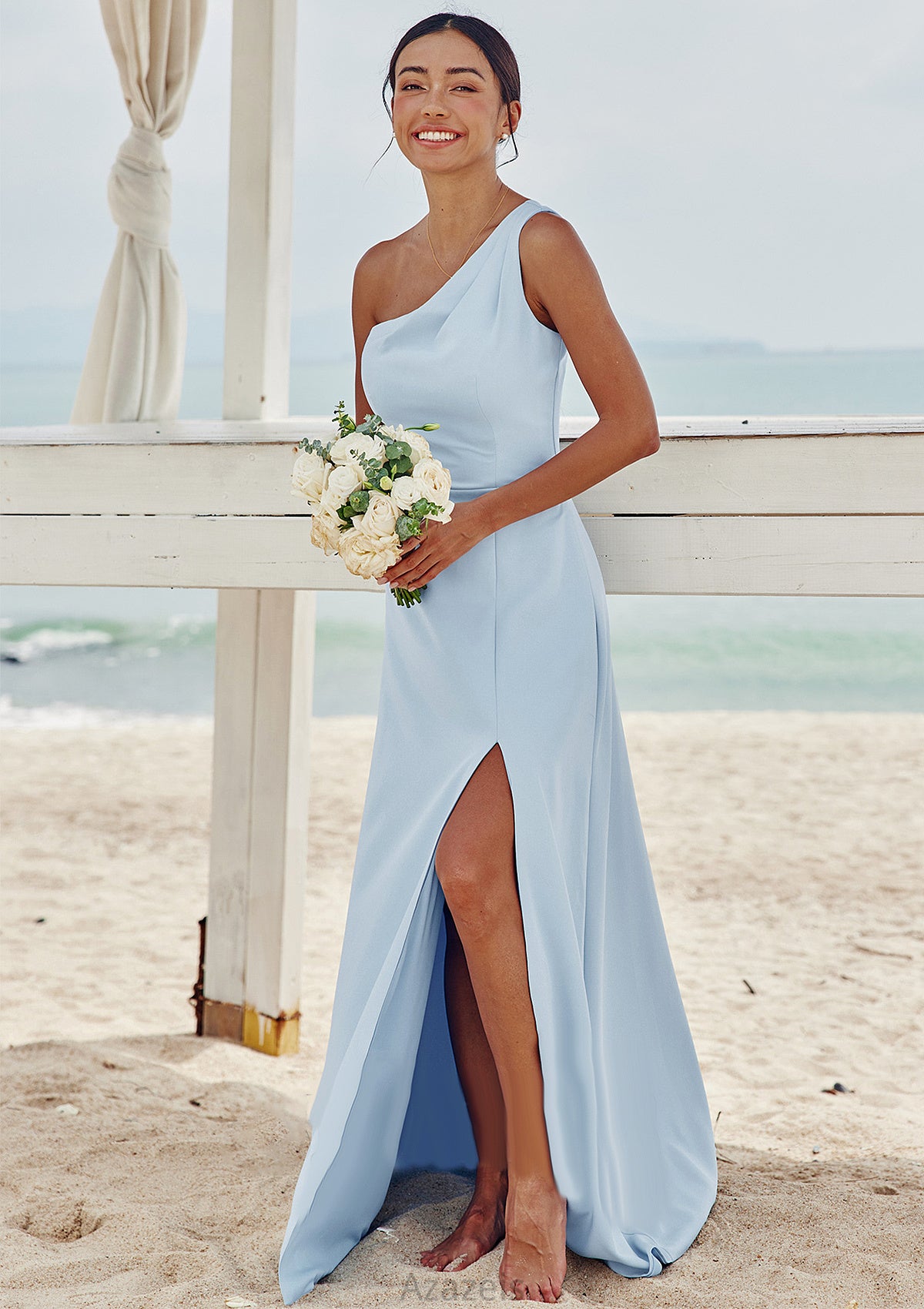 A-line One-Shoulder Sleeveless Floor-Length Stretch Crepe Bridesmaid Dresses with Pleated Split Pam DFP0025284