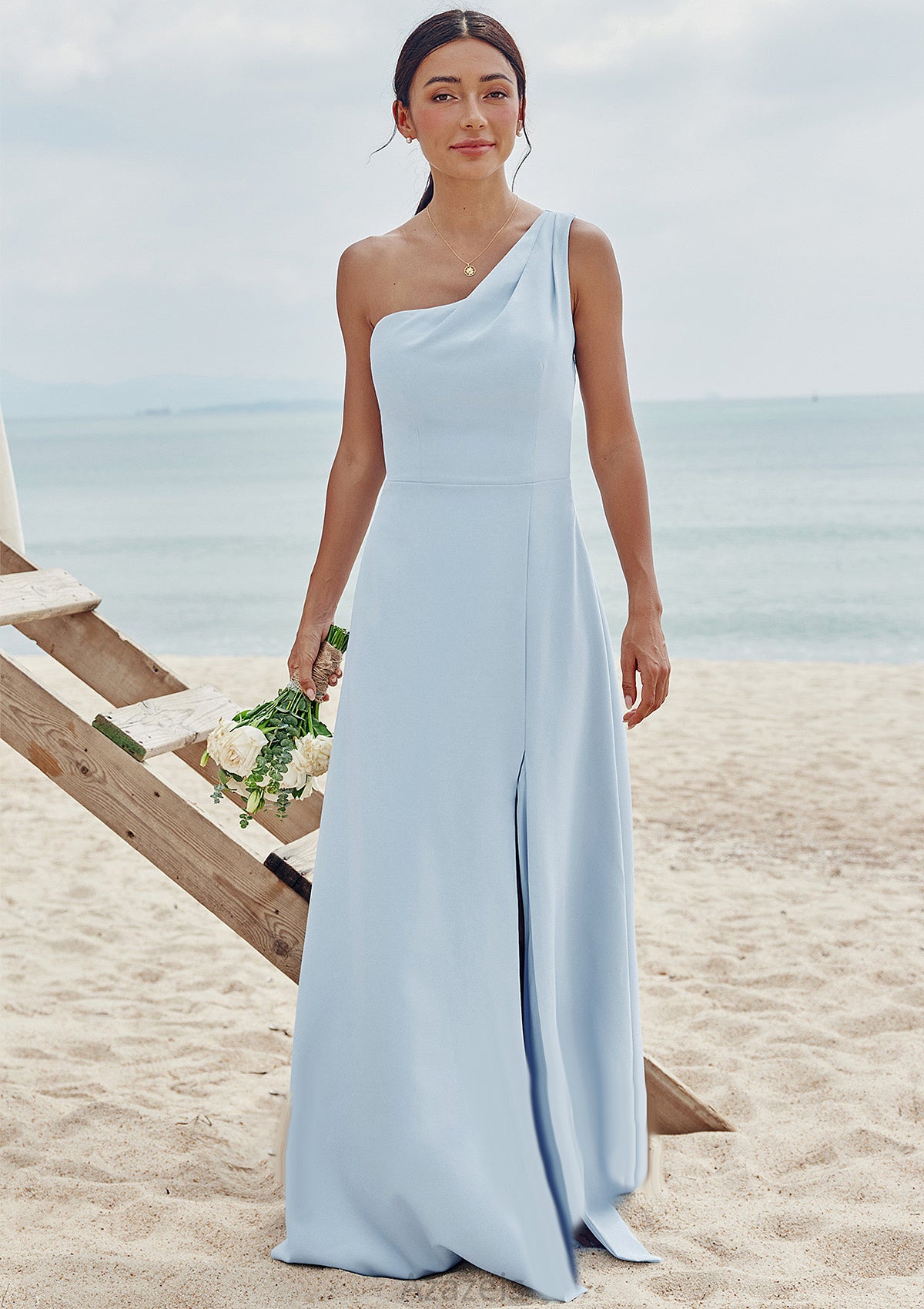 A-line One-Shoulder Sleeveless Floor-Length Stretch Crepe Bridesmaid Dresses with Pleated Split Pam DFP0025284