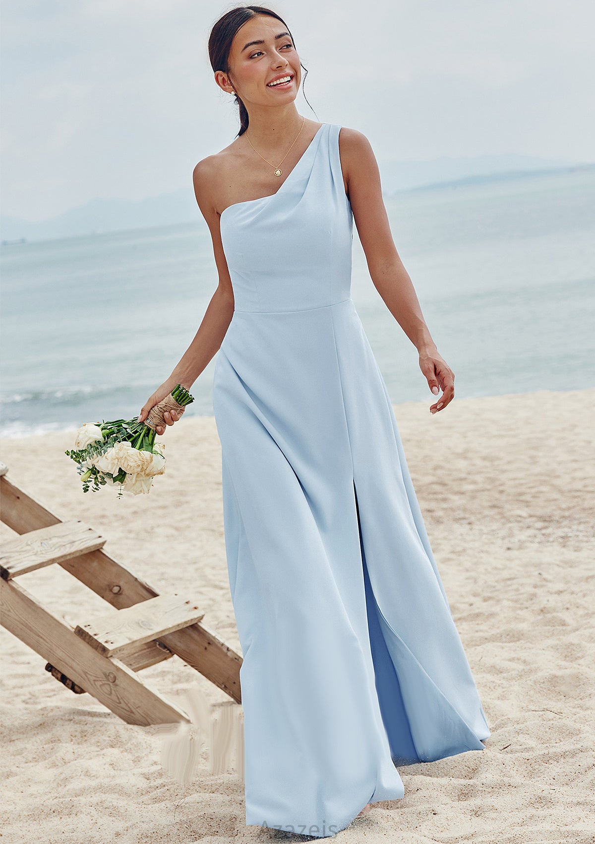 A-line One-Shoulder Sleeveless Floor-Length Stretch Crepe Bridesmaid Dresses with Pleated Split Pam DFP0025284