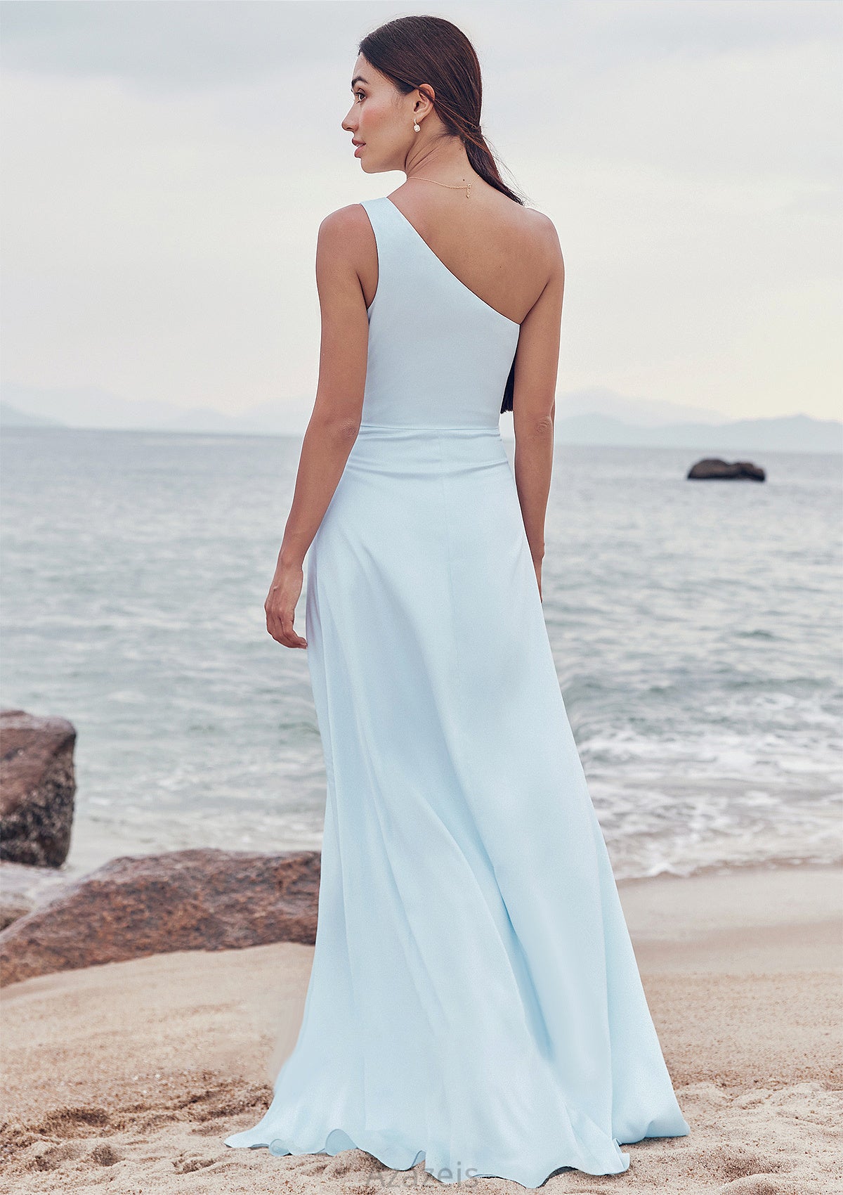 A-line One-Shoulder Sleeveless Floor-Length Stretch Satin Bridesmaid Dresses with Split Anya DFP0025285