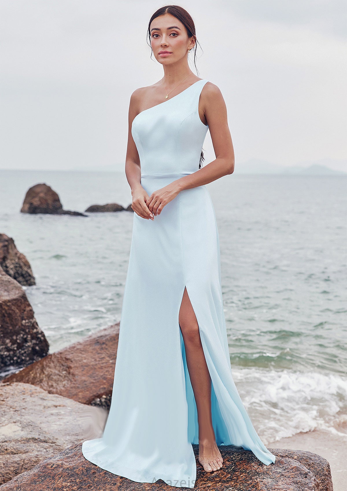 A-line One-Shoulder Sleeveless Floor-Length Stretch Satin Bridesmaid Dresses with Split Anya DFP0025285