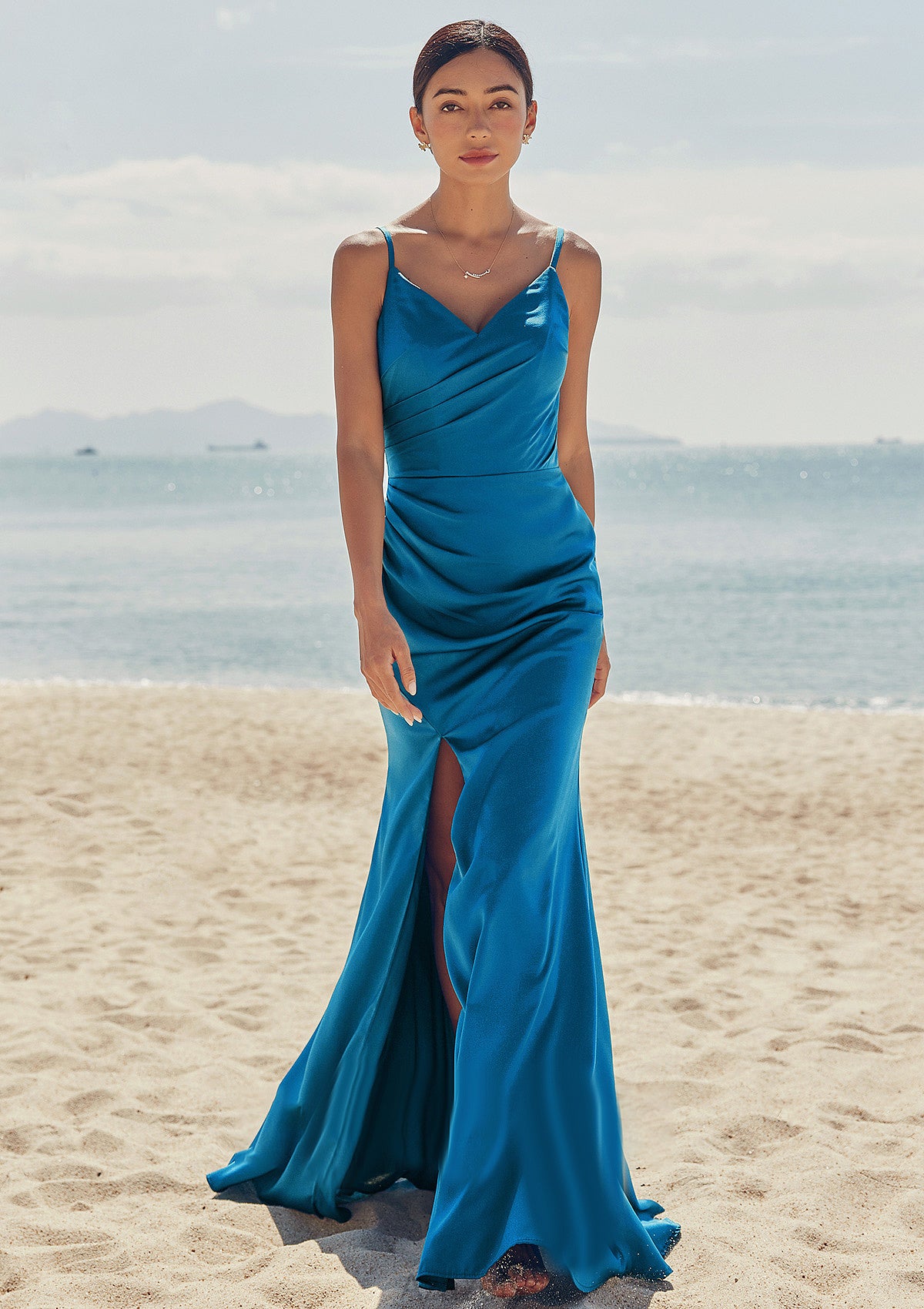 Trumpet/Mermaid V Neck Sleeveless Floor-Length Stretch Satin Bridesmaid Dresses with Pleated Split Jayleen DFP0025286