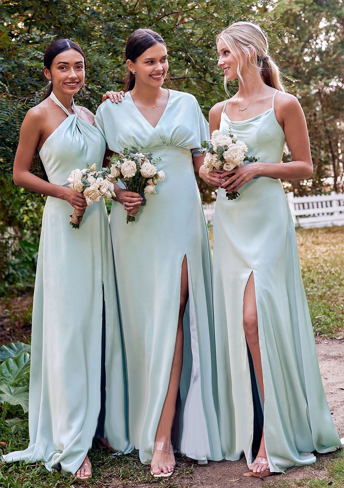 A-line Halter Sleeveless Floor-Length Stretch Satin Bridesmaid Dresses with Split Xiomara DFP0025287