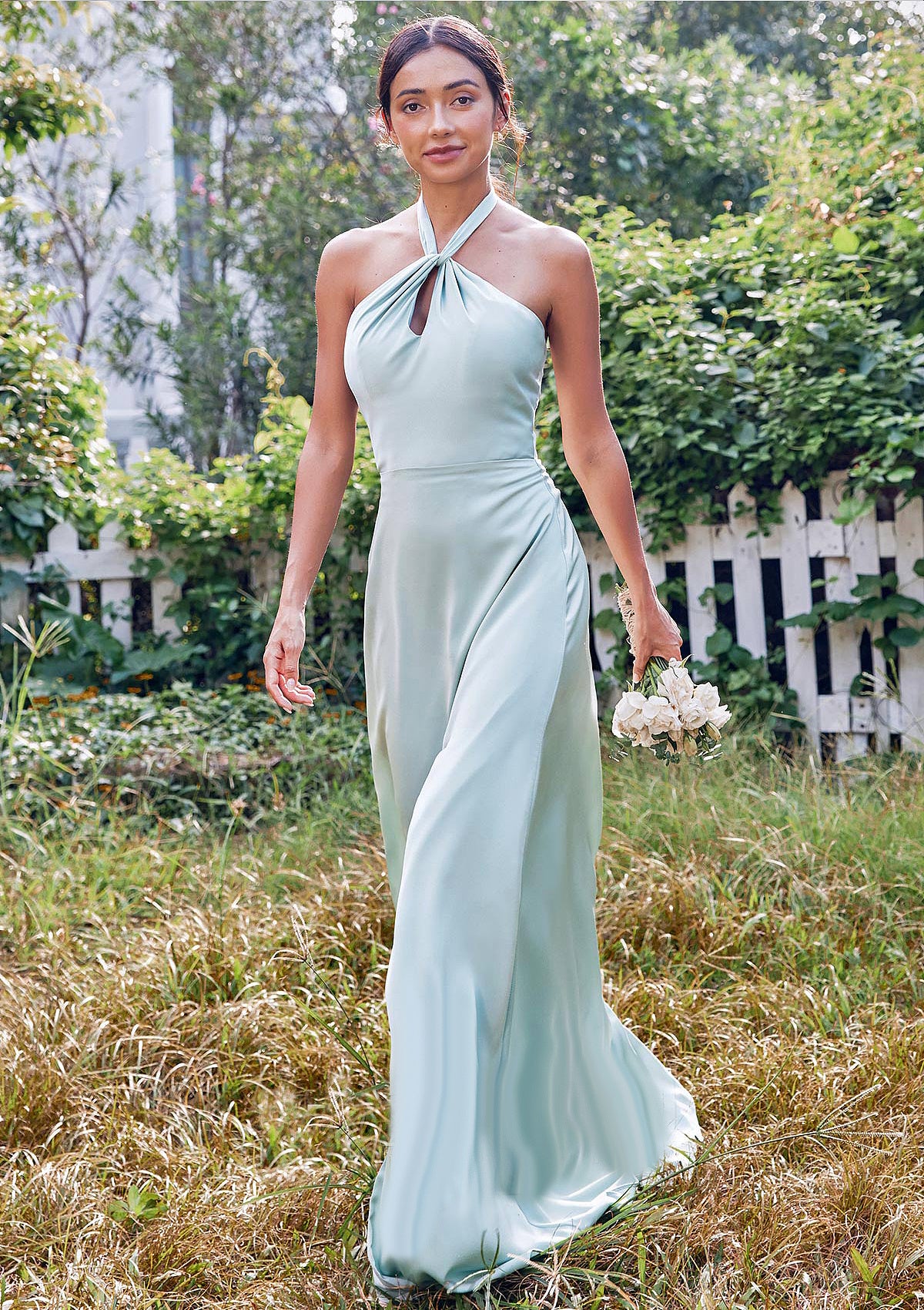 A-line Halter Sleeveless Floor-Length Stretch Satin Bridesmaid Dresses with Split Xiomara DFP0025287