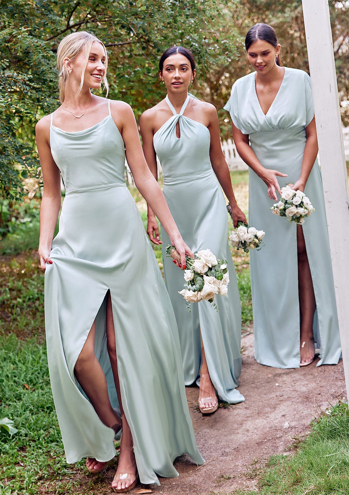 A-line Halter Sleeveless Floor-Length Stretch Satin Bridesmaid Dresses with Split Xiomara DFP0025287