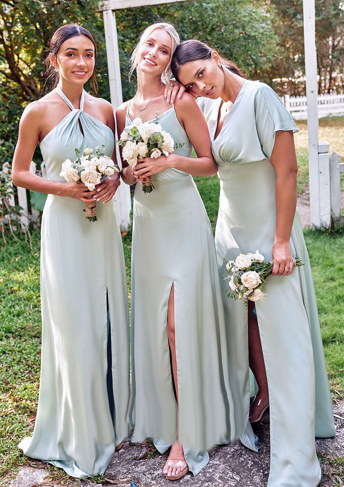 A-line Halter Sleeveless Floor-Length Stretch Satin Bridesmaid Dresses with Split Xiomara DFP0025287