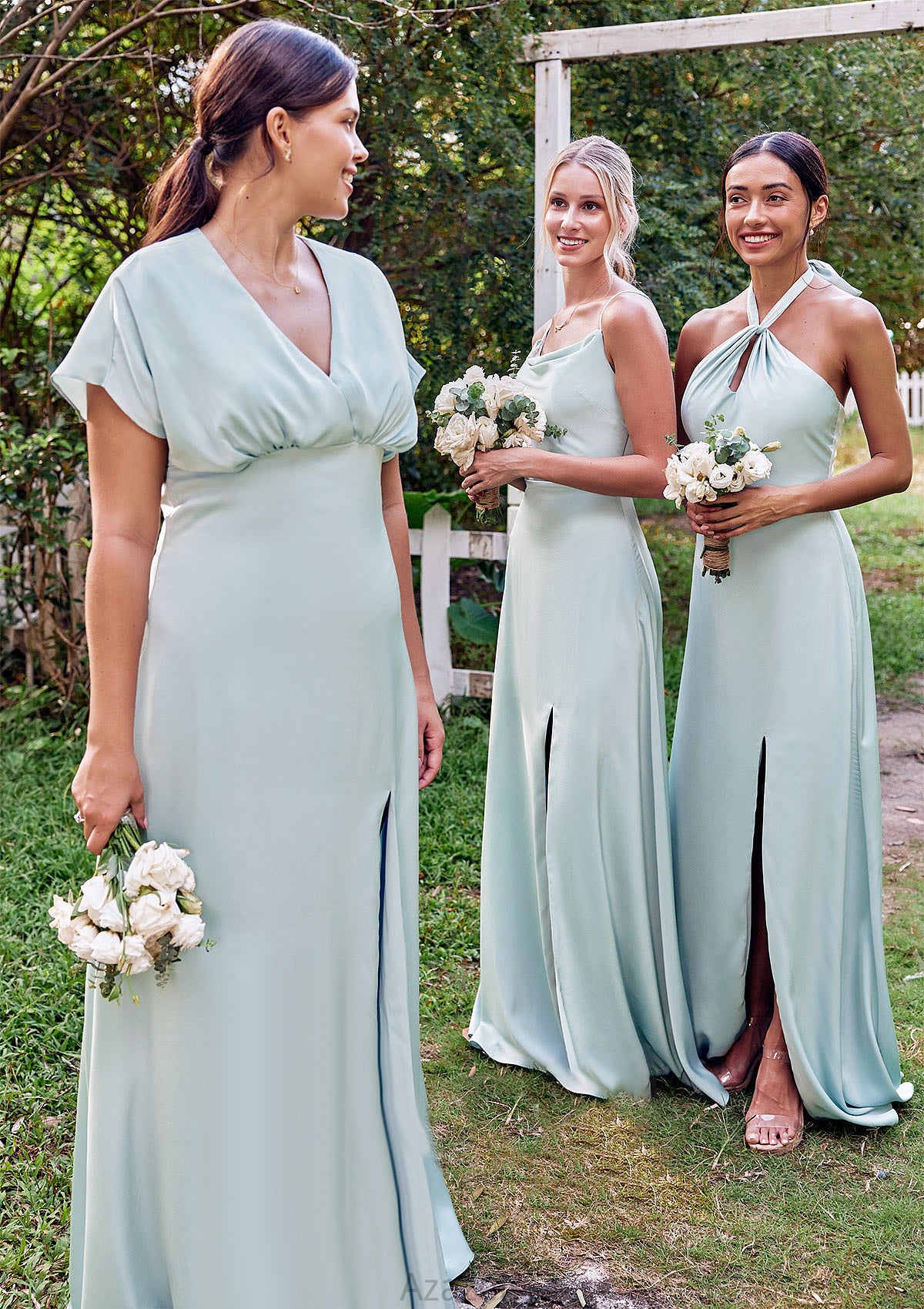 A-line Halter Sleeveless Floor-Length Stretch Satin Bridesmaid Dresses with Split Xiomara DFP0025287