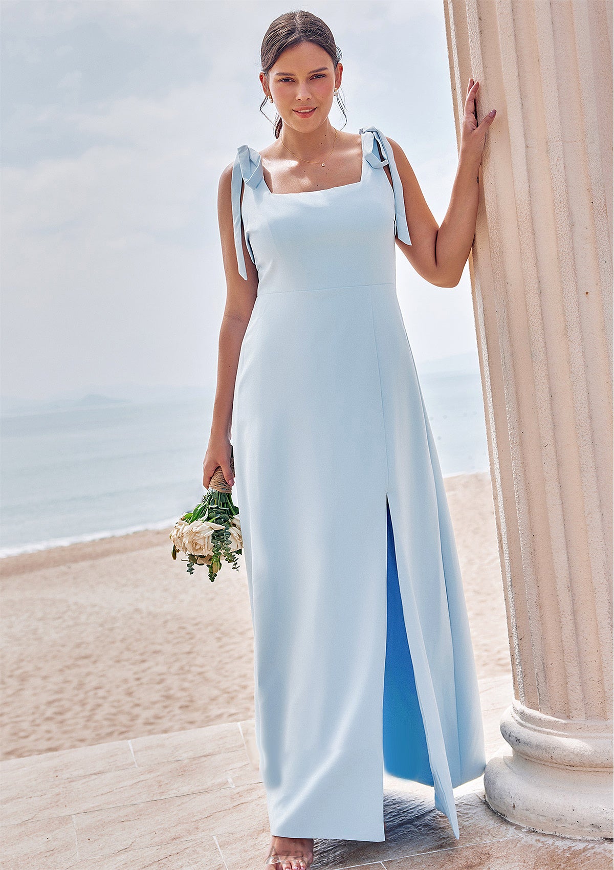 A-line Square Neckline Sleeveless Floor-Length Stretch Crepe Bridesmaid Dresses with Split Anahi DFP0025288