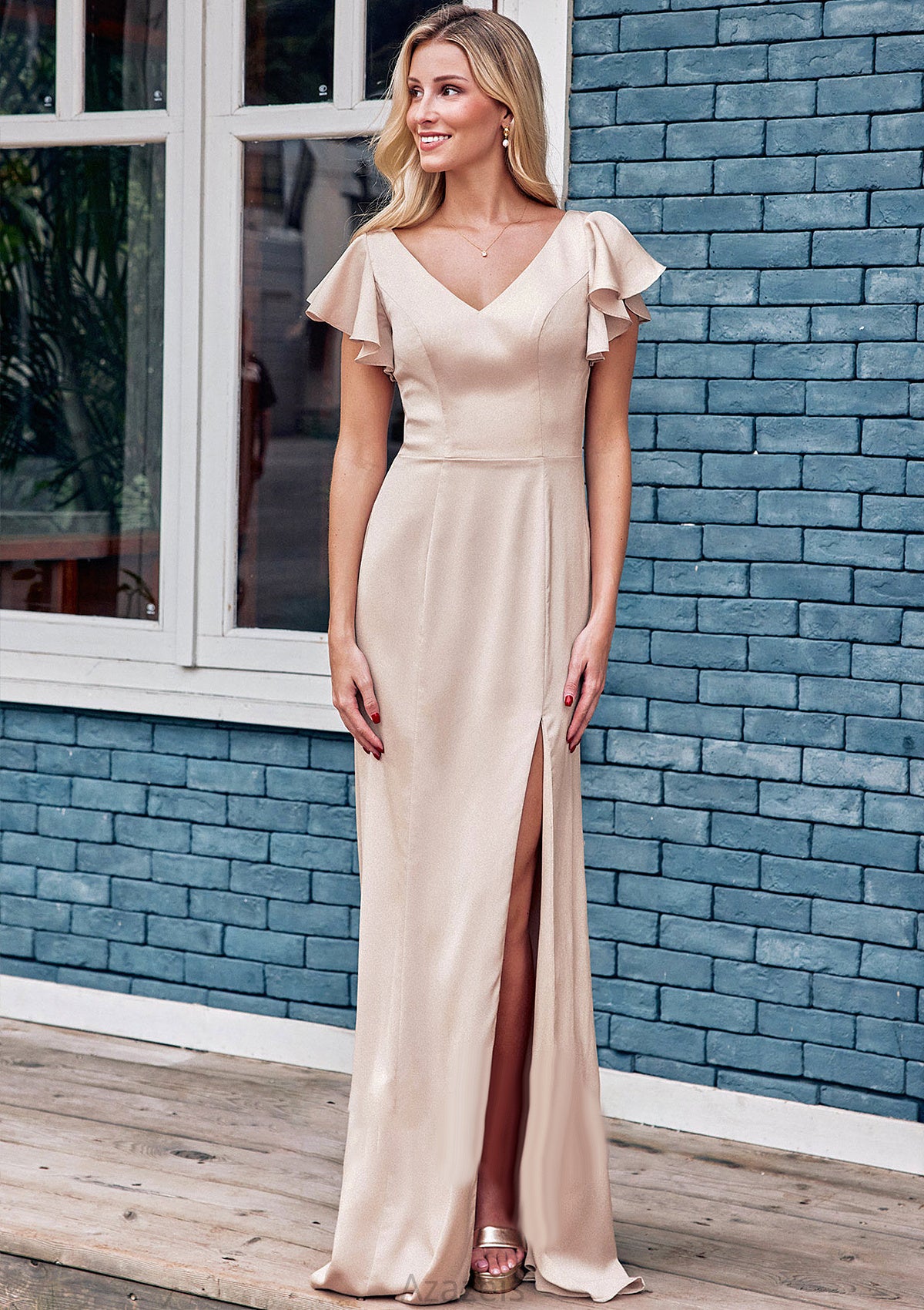 Sheath/Column V Neck Short Sleeve Floor-Length Stretch Satin Bridesmaid Dresses with Ruffles Split Clara DFP0025290