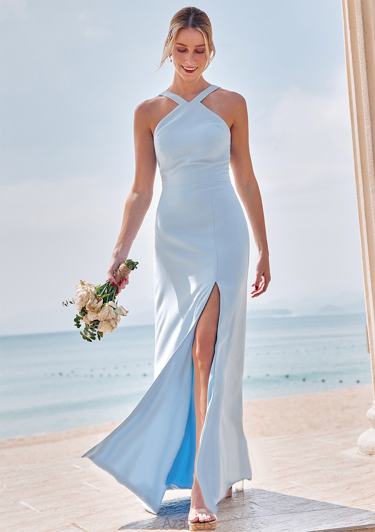 Sheath/Column Halter Sleeveless Floor-Length Stretch Crepe Bridesmaid Dresses with Split Madilynn DFP0025291