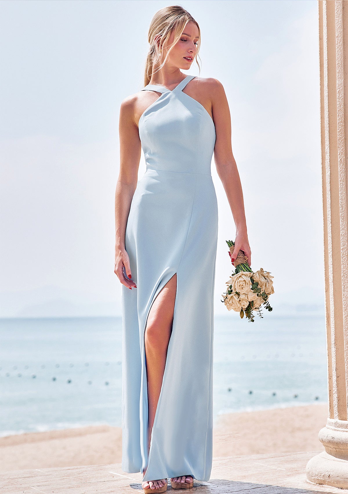 Sheath/Column Halter Sleeveless Floor-Length Stretch Crepe Bridesmaid Dresses with Split Madilynn DFP0025291