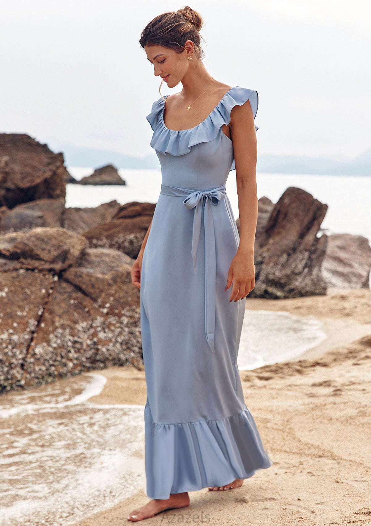 Sheath/Column Scoop Neck Sleeveless Floor-Length Stretch Satin Bridesmaid Dresses with Sashes Ruffles Maisie DFP0025293