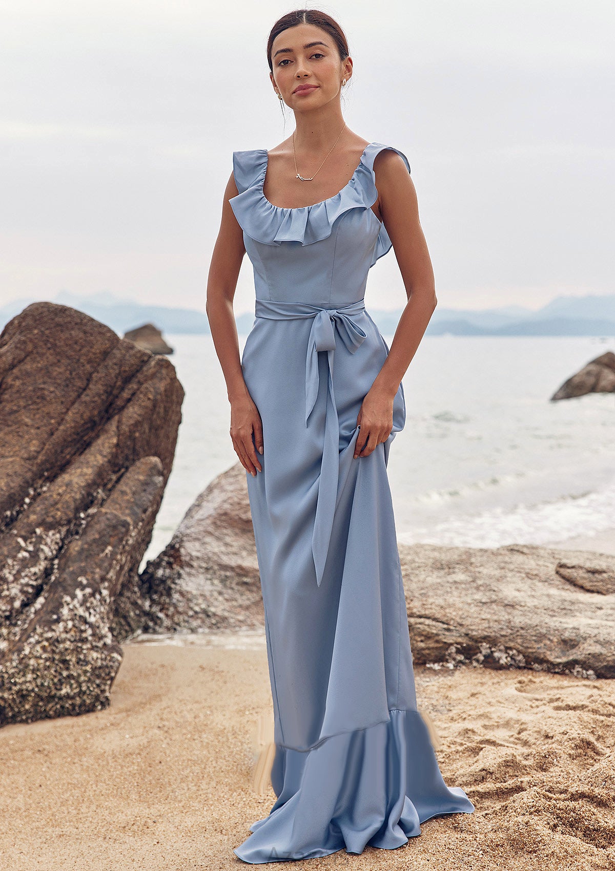 Sheath/Column Scoop Neck Sleeveless Floor-Length Stretch Satin Bridesmaid Dresses with Sashes Ruffles Maisie DFP0025293