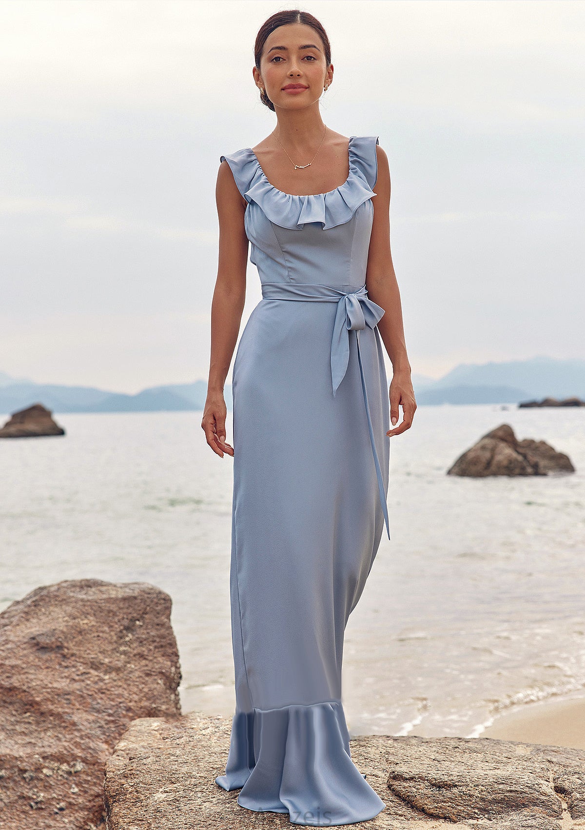 Sheath/Column Scoop Neck Sleeveless Floor-Length Stretch Satin Bridesmaid Dresses with Sashes Ruffles Maisie DFP0025293