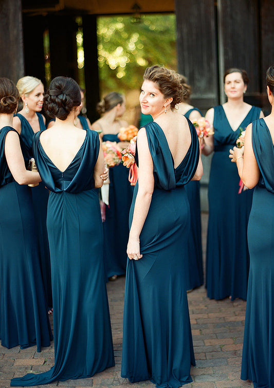 A-line V Neck Sleeveless Sweep Train Jersey Bridesmaid Dresses with Pleated Vivien DFP0025302