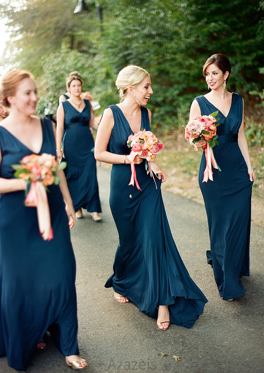 A-line V Neck Sleeveless Sweep Train Jersey Bridesmaid Dresses with Pleated Vivien DFP0025302