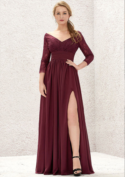 A-line V Neck Full/Long Sleeve Long/Floor-Length Chiffon Bridesmaid Dresses With Lace Split Pleated Andrea DFP0025304