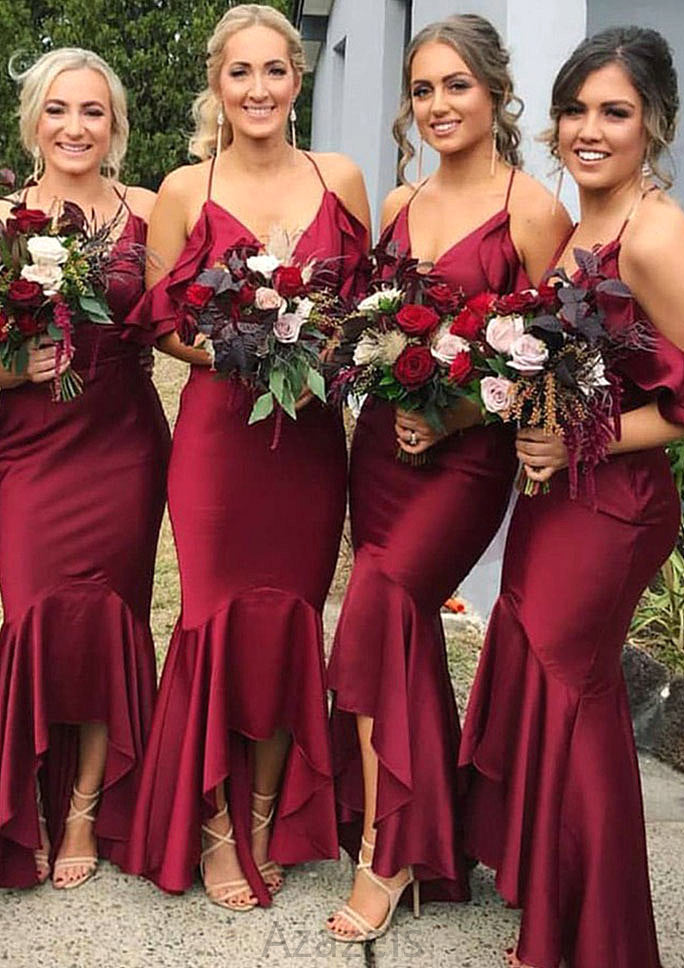 Sleeveless V Neck Asymmetrical Trumpet/Mermaid Charmeuse Bridesmaid Dresseses With Ruffles Taliyah DFP0025305