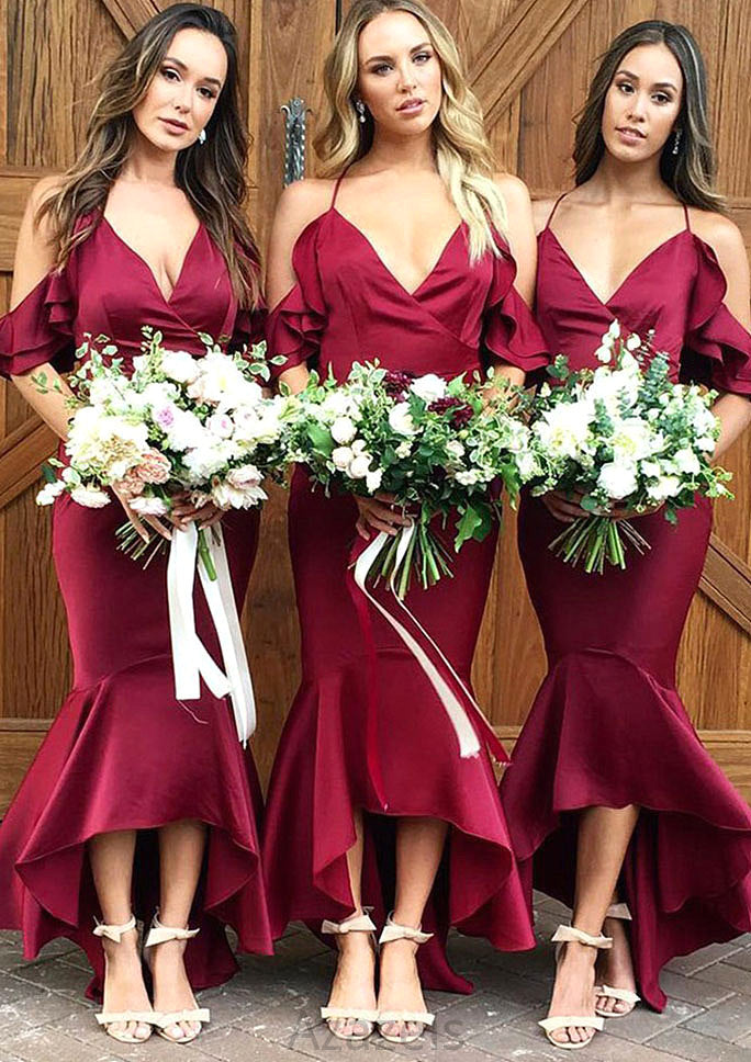 Sleeveless V Neck Asymmetrical Trumpet/Mermaid Charmeuse Bridesmaid Dresseses With Ruffles Taliyah DFP0025305