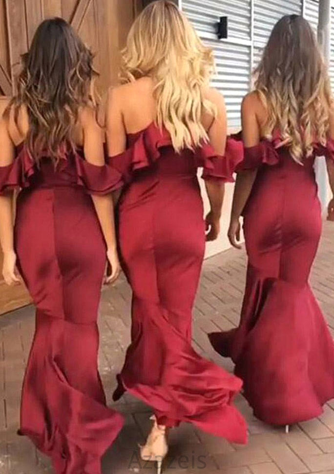 Sleeveless V Neck Asymmetrical Trumpet/Mermaid Charmeuse Bridesmaid Dresseses With Ruffles Taliyah DFP0025305