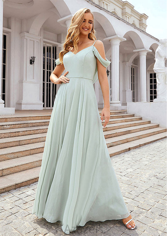 A-line Off-the-Shoulder Sleeveless Long/Floor-Length Chiffon Bridesmaid Dresseses With Pleated Belinda DFP0025307