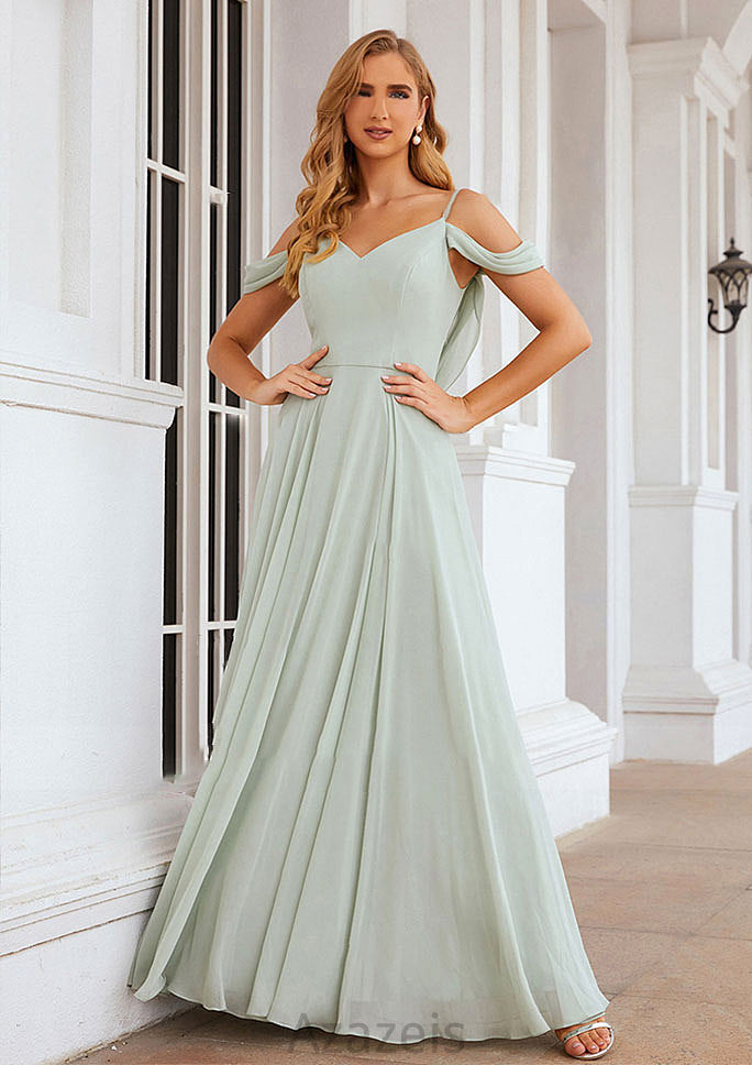 A-line Off-the-Shoulder Sleeveless Long/Floor-Length Chiffon Bridesmaid Dresseses With Pleated Belinda DFP0025307