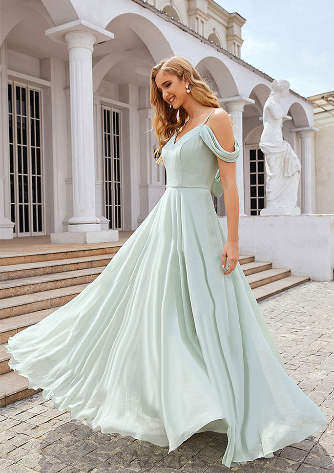 A-line Off-the-Shoulder Sleeveless Long/Floor-Length Chiffon Bridesmaid Dresseses With Pleated Belinda DFP0025307