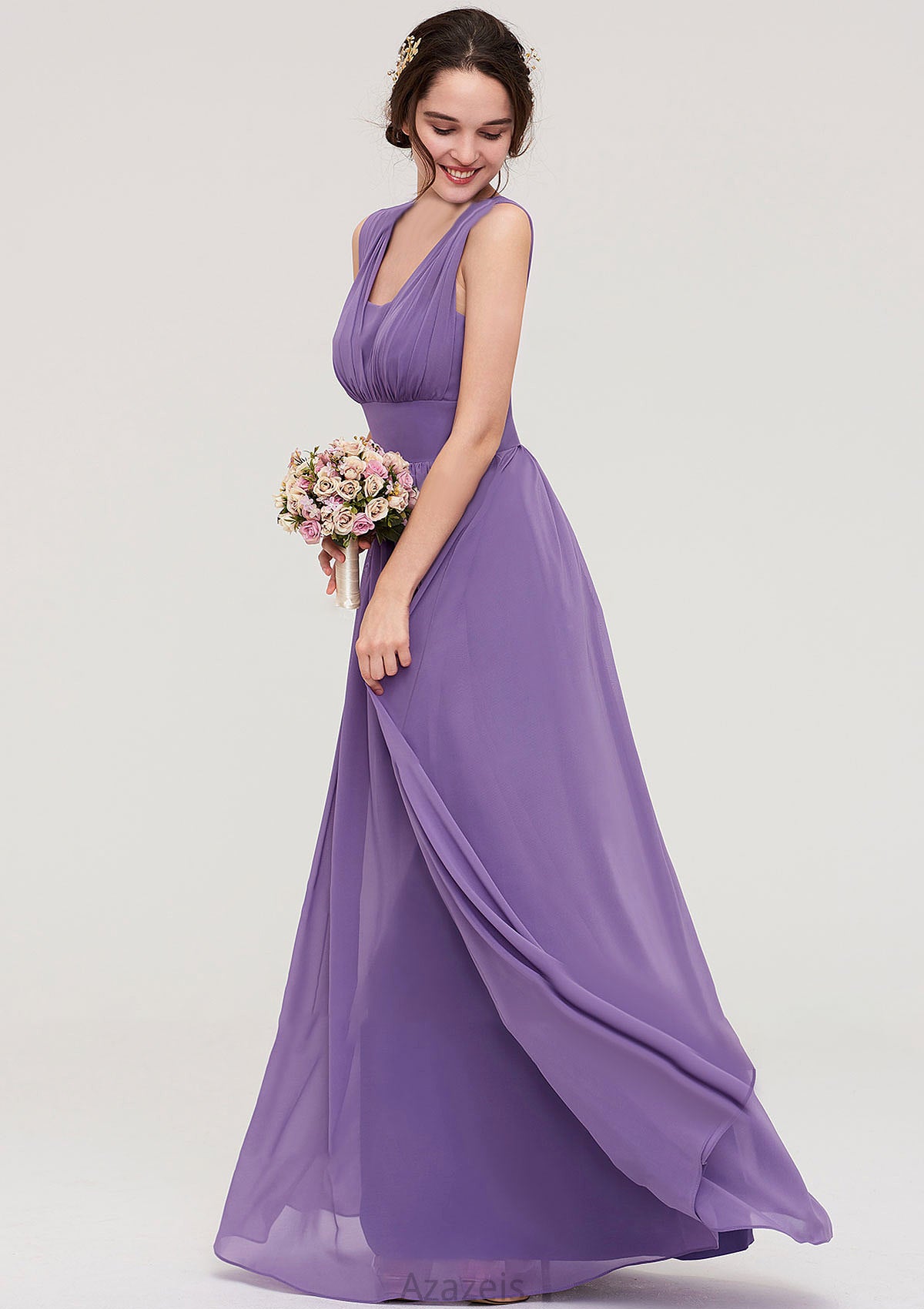 Sleeveless Scalloped Neck Chiffon Long/Floor-Length Bridesmaid Dresseses With Pleated Lesley DFP0025314