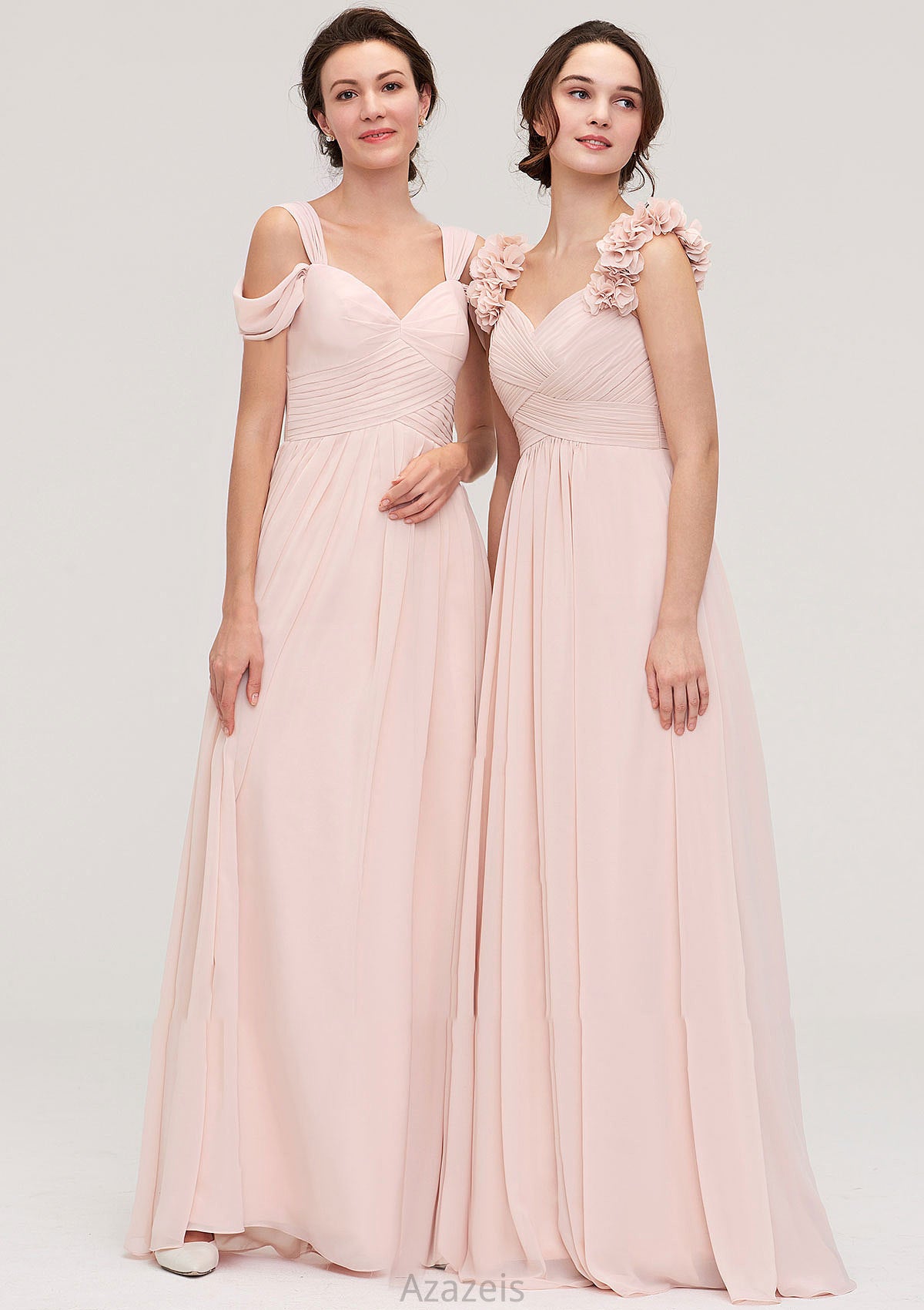 Sweetheart Sleeveless A-line/Princess Chiffon Long/Floor-Length Bridesmaid Dresses With Pleated Shoulder Flower Ansley DFP0025315