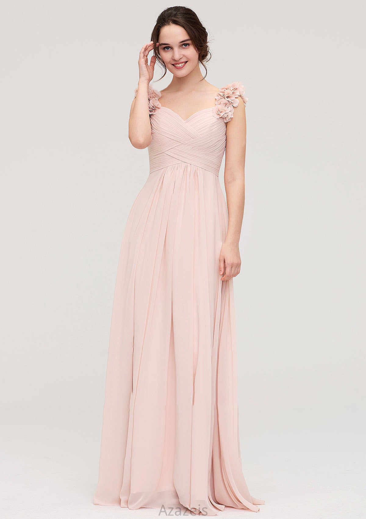 Sweetheart Sleeveless A-line/Princess Chiffon Long/Floor-Length Bridesmaid Dresses With Pleated Shoulder Flower Ansley DFP0025315