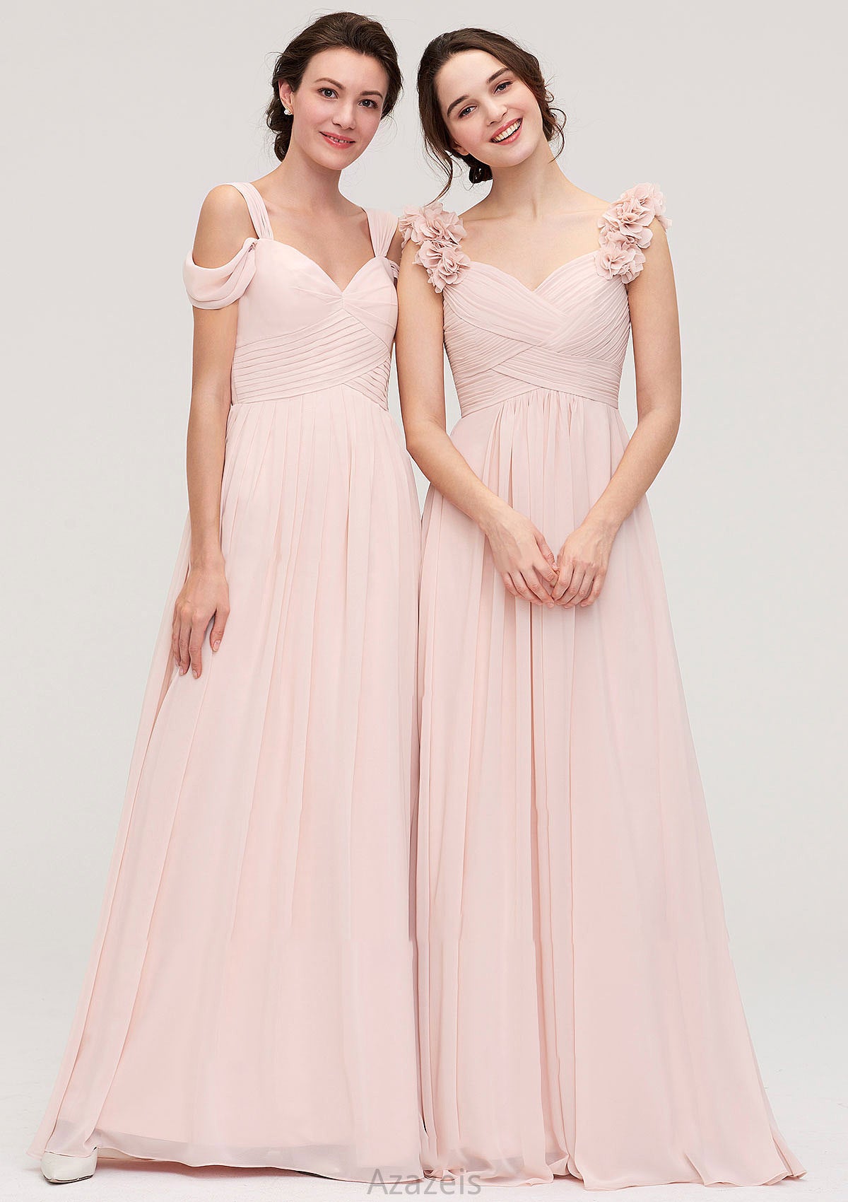 Sweetheart Sleeveless A-line/Princess Chiffon Long/Floor-Length Bridesmaid Dresses With Pleated Shoulder Flower Ansley DFP0025315