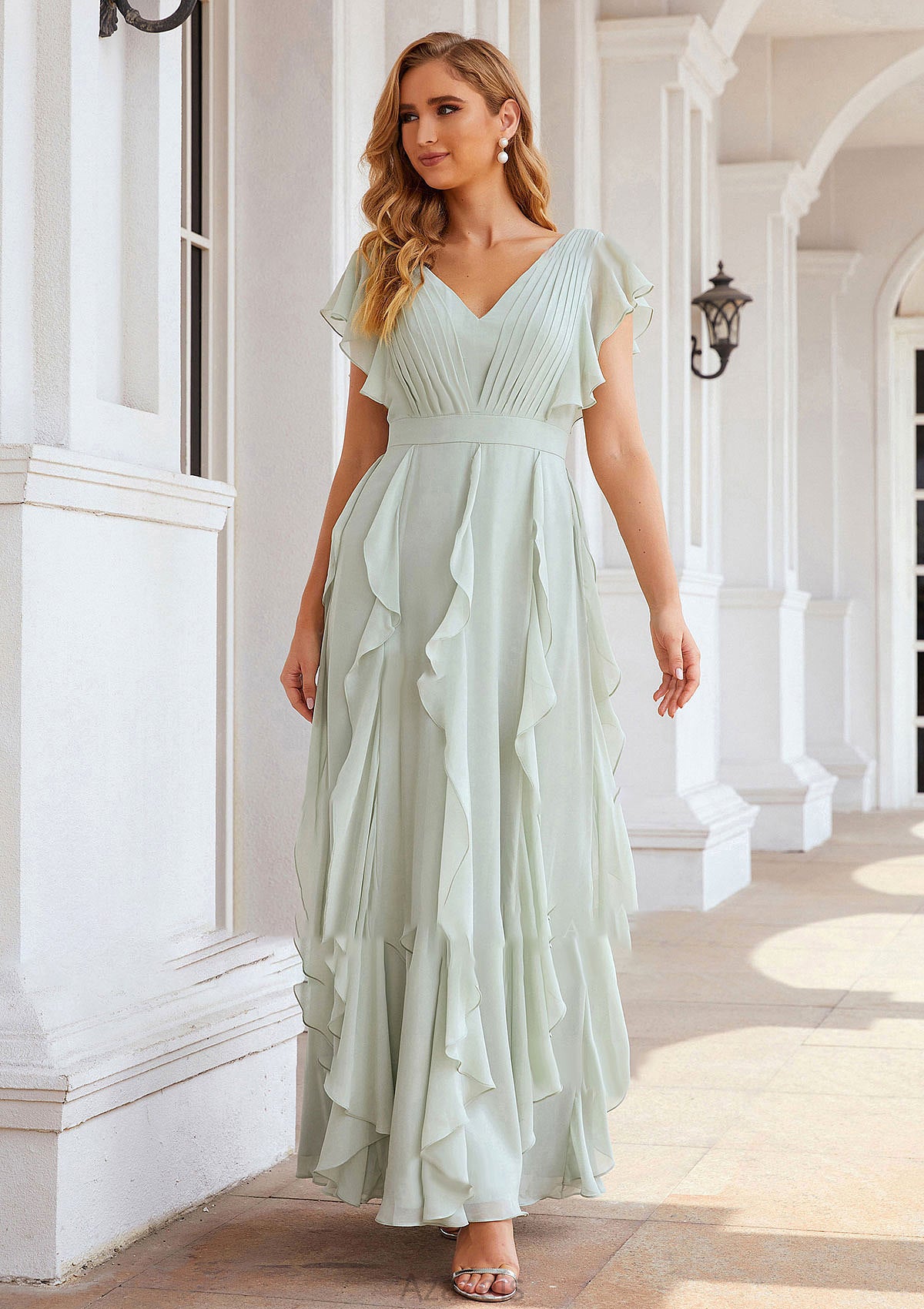 A-line V Neck Short Sleeve Long/Floor-Length Chiffon Bridesmaid Dresses With Pleated Ruffles Hillary DFP0025316