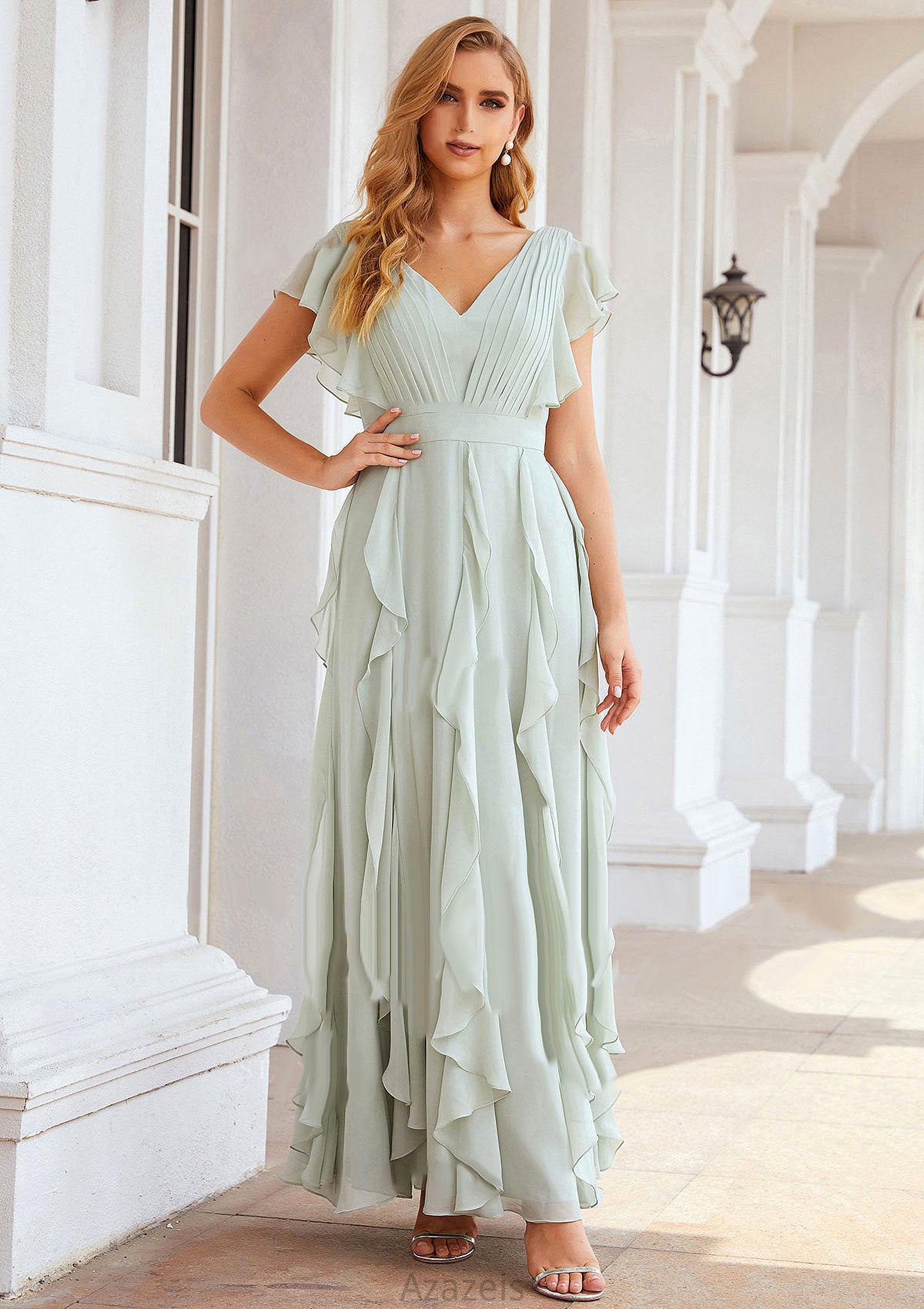 A-line V Neck Short Sleeve Long/Floor-Length Chiffon Bridesmaid Dresses With Pleated Ruffles Hillary DFP0025316