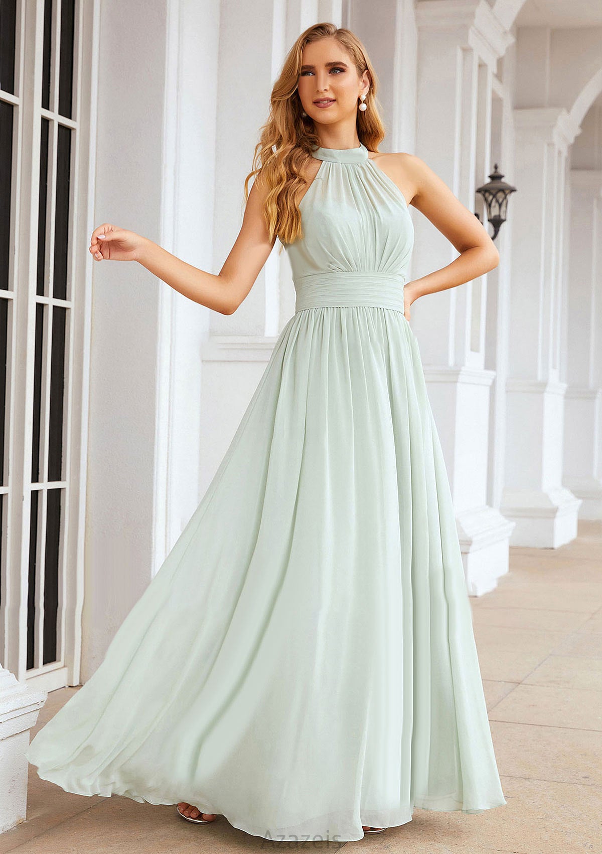 A-line High-Neck Sleeveless Long/Floor-Length Chiffon Bridesmaid Dresses With Pleated Elaina DFP0025326