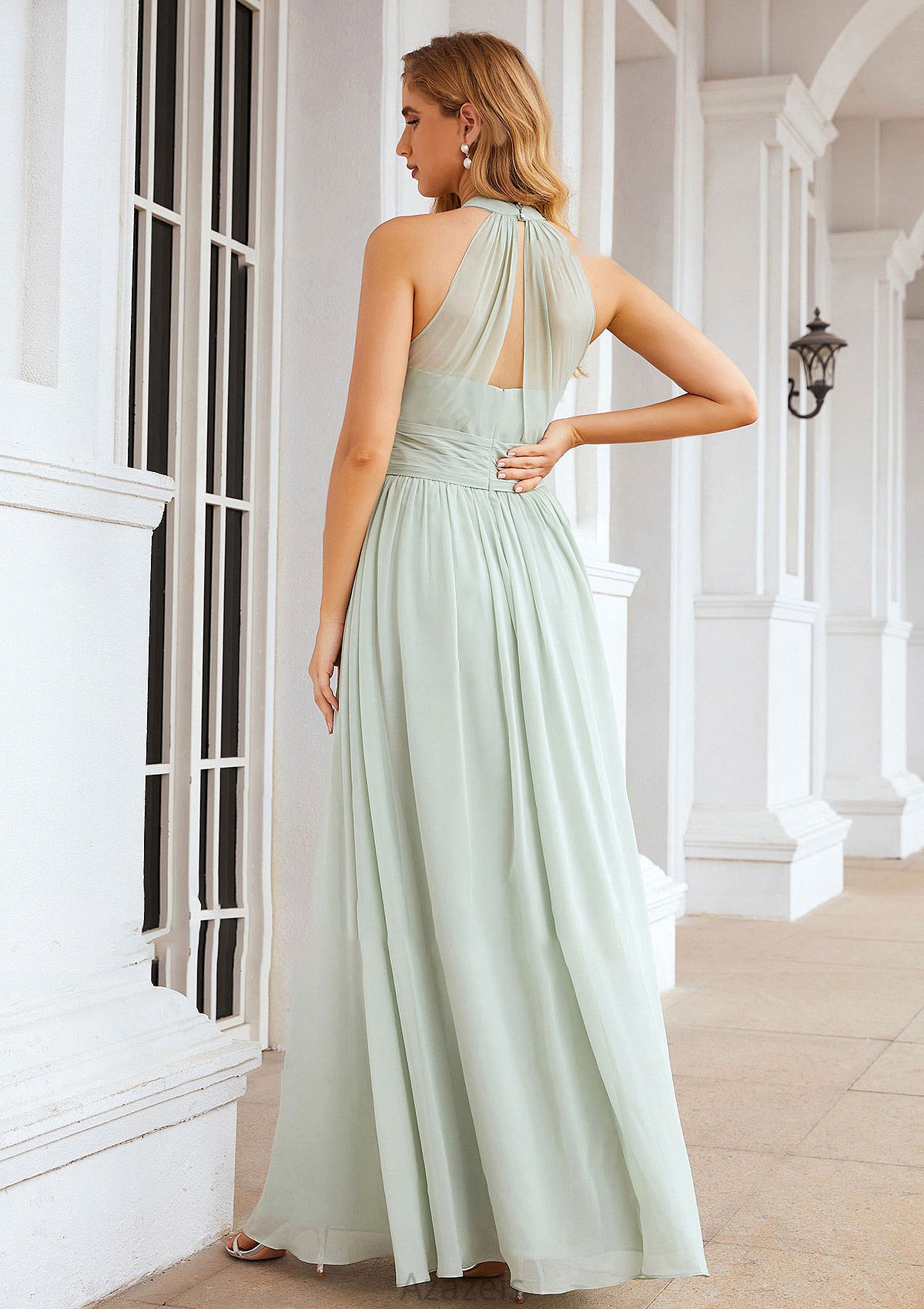 A-line High-Neck Sleeveless Long/Floor-Length Chiffon Bridesmaid Dresses With Pleated Elaina DFP0025326