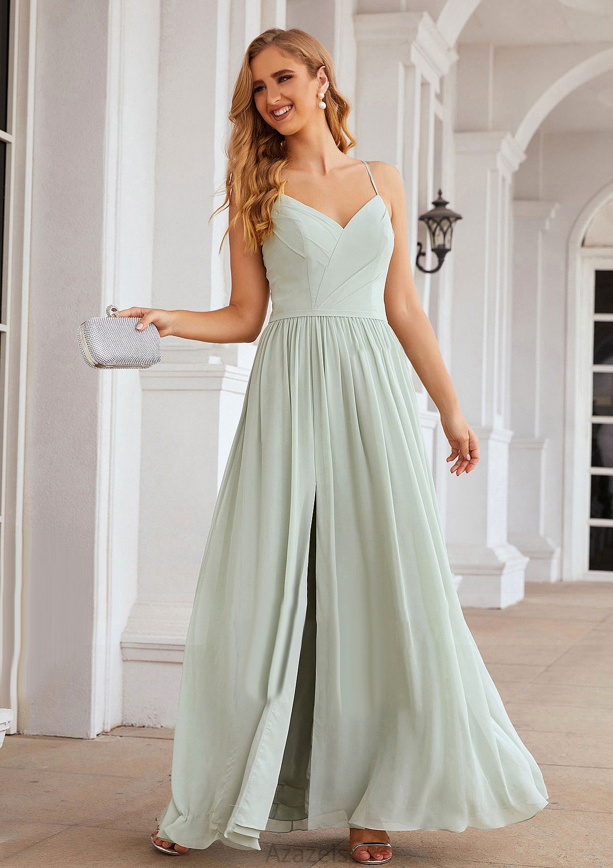 A-line V Neck Sleeveless Long/Floor-Length Chiffon Bridesmaid Dresses With Pleated Split Clarissa DFP0025327