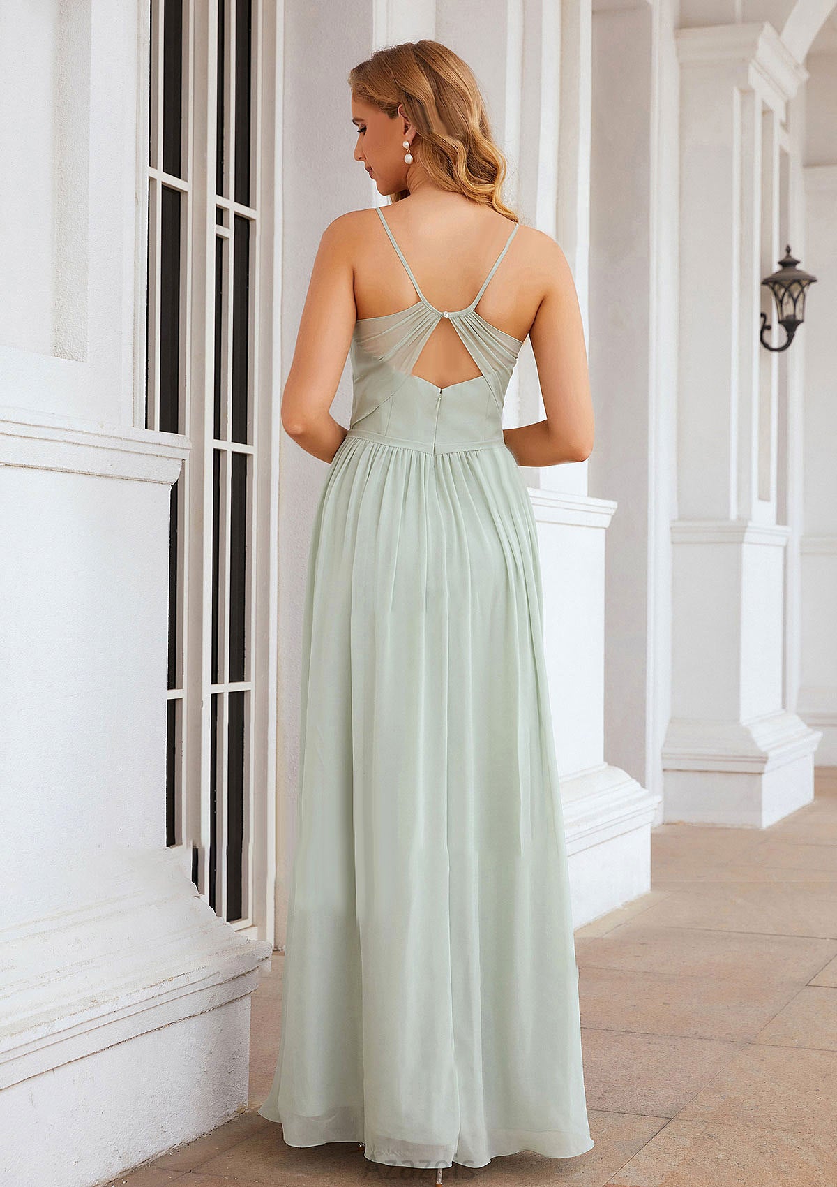 A-line V Neck Sleeveless Long/Floor-Length Chiffon Bridesmaid Dresses With Pleated Split Clarissa DFP0025327