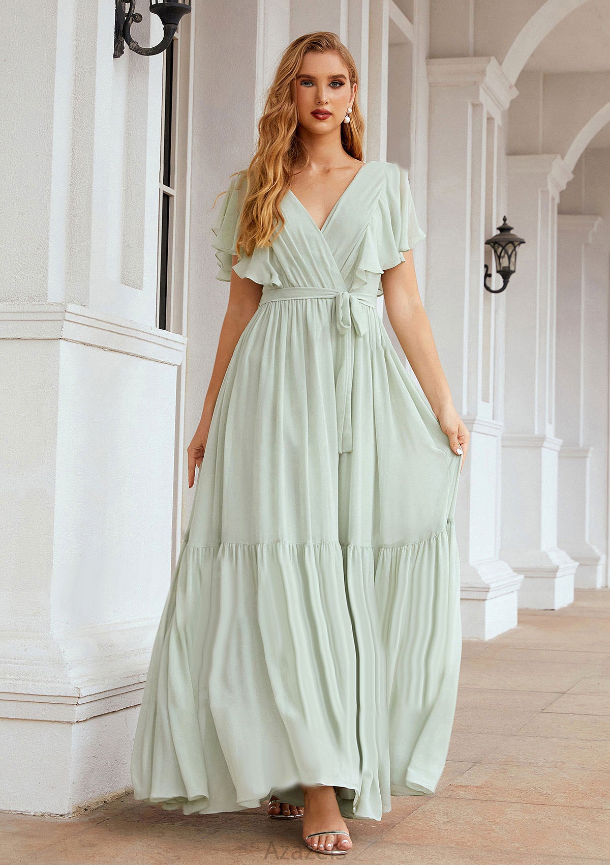 A-line V Neck Short Sleeve Chiffon Long/Floor-Length Bridesmaid Dresses With Pleated Danna DFP0025331