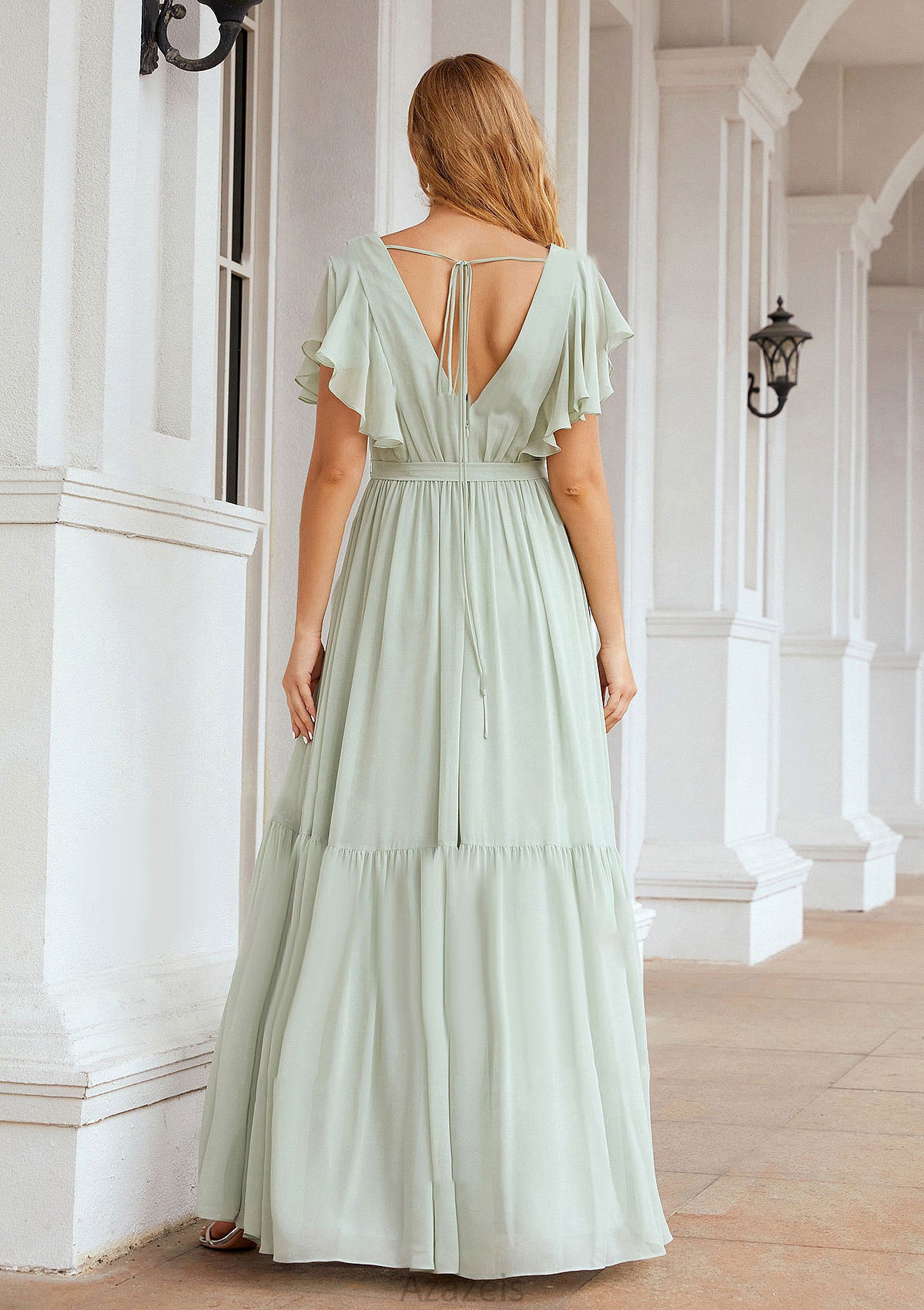 A-line V Neck Short Sleeve Chiffon Long/Floor-Length Bridesmaid Dresses With Pleated Danna DFP0025331