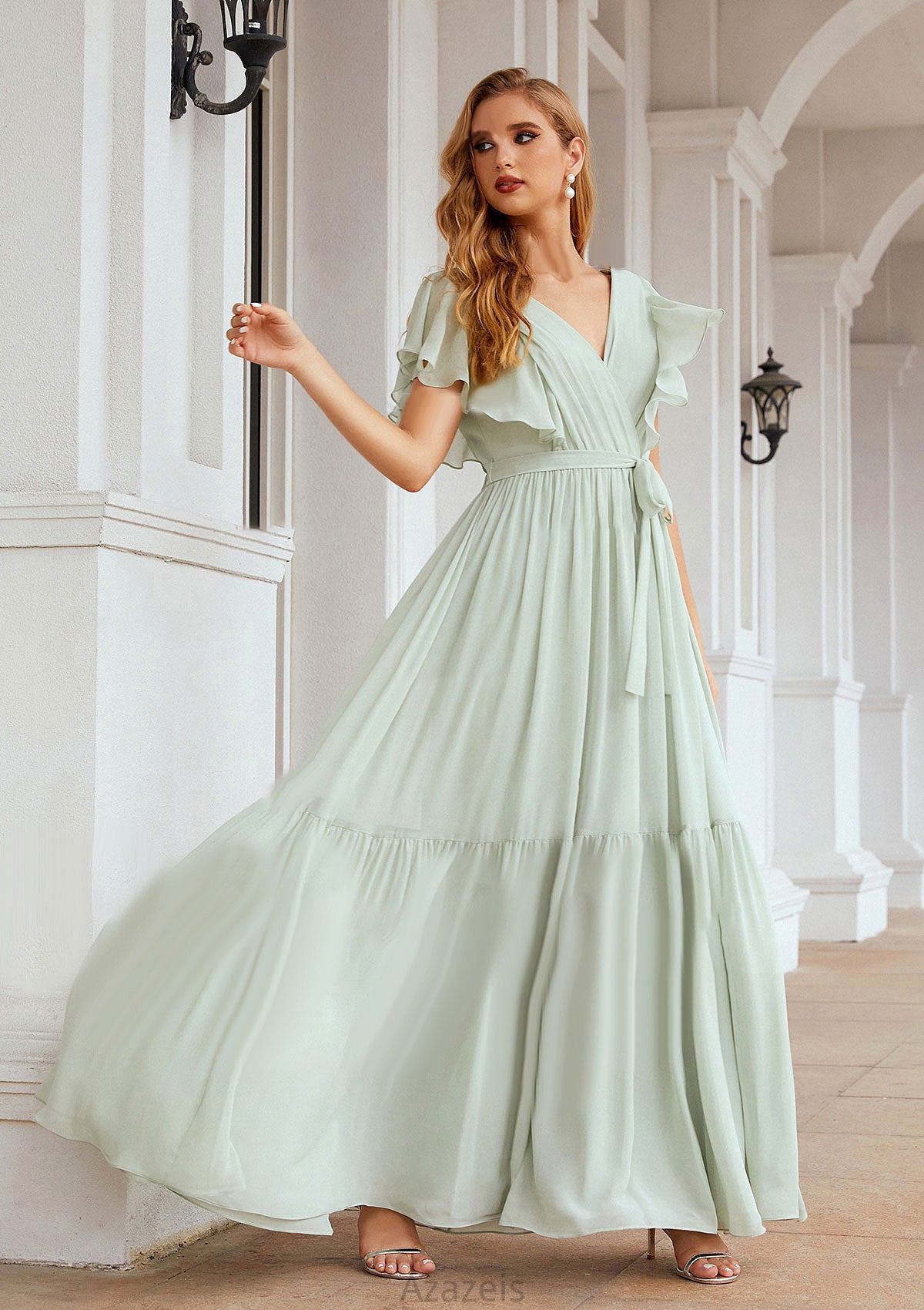 A-line V Neck Short Sleeve Chiffon Long/Floor-Length Bridesmaid Dresses With Pleated Danna DFP0025331