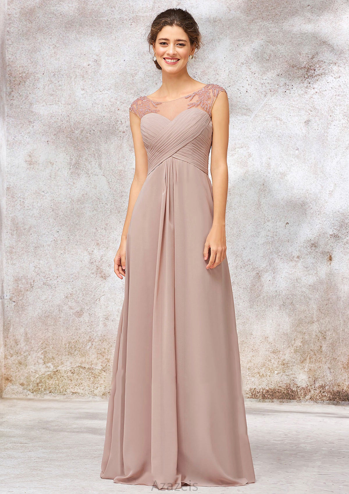 Illusion Neck Long/Floor-Length Chiffon A-line/Princess Bridesmaid Dresses  With Sequins Pleated Beading Aracely DFP0025334