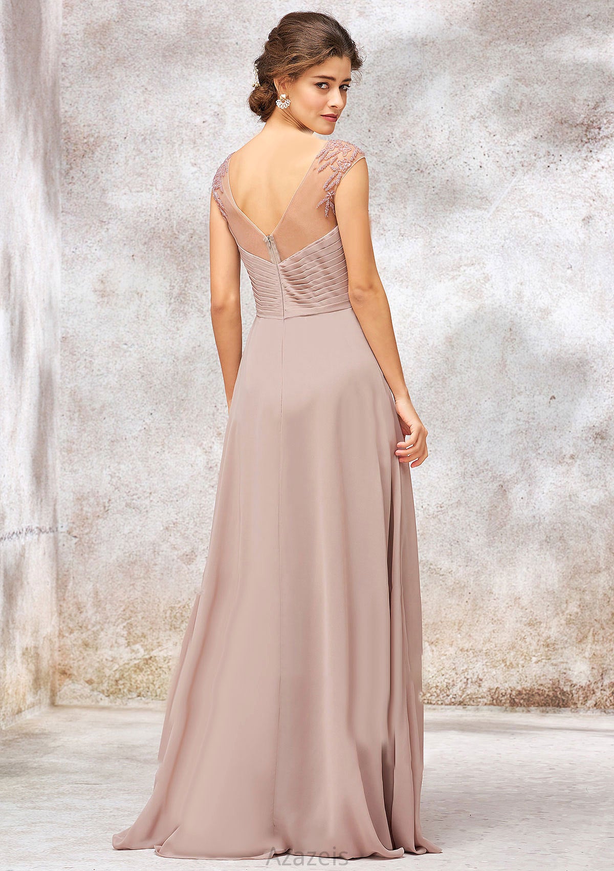 Illusion Neck Long/Floor-Length Chiffon A-line/Princess Bridesmaid Dresses  With Sequins Pleated Beading Aracely DFP0025334