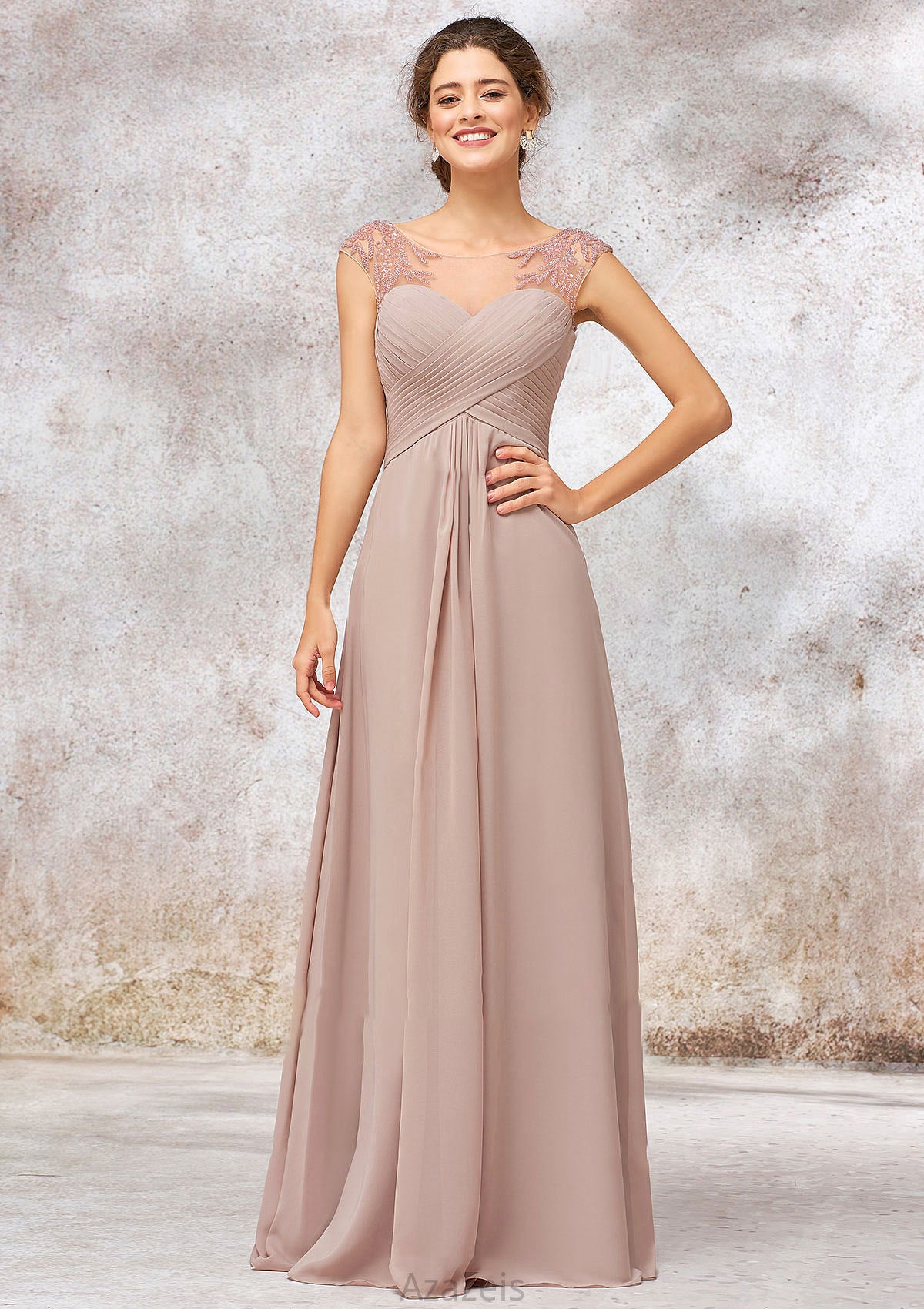 Illusion Neck Long/Floor-Length Chiffon A-line/Princess Bridesmaid Dresses  With Sequins Pleated Beading Aracely DFP0025334