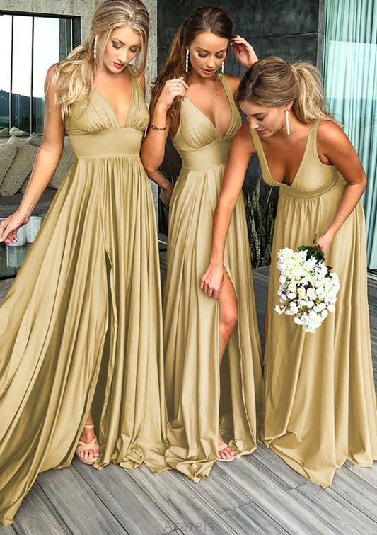 A-Line/Princess V-Neck Sweep Train Jersey Bridesmaid Dresses With Split Front Pleated Waistband Amaya DFP0025336