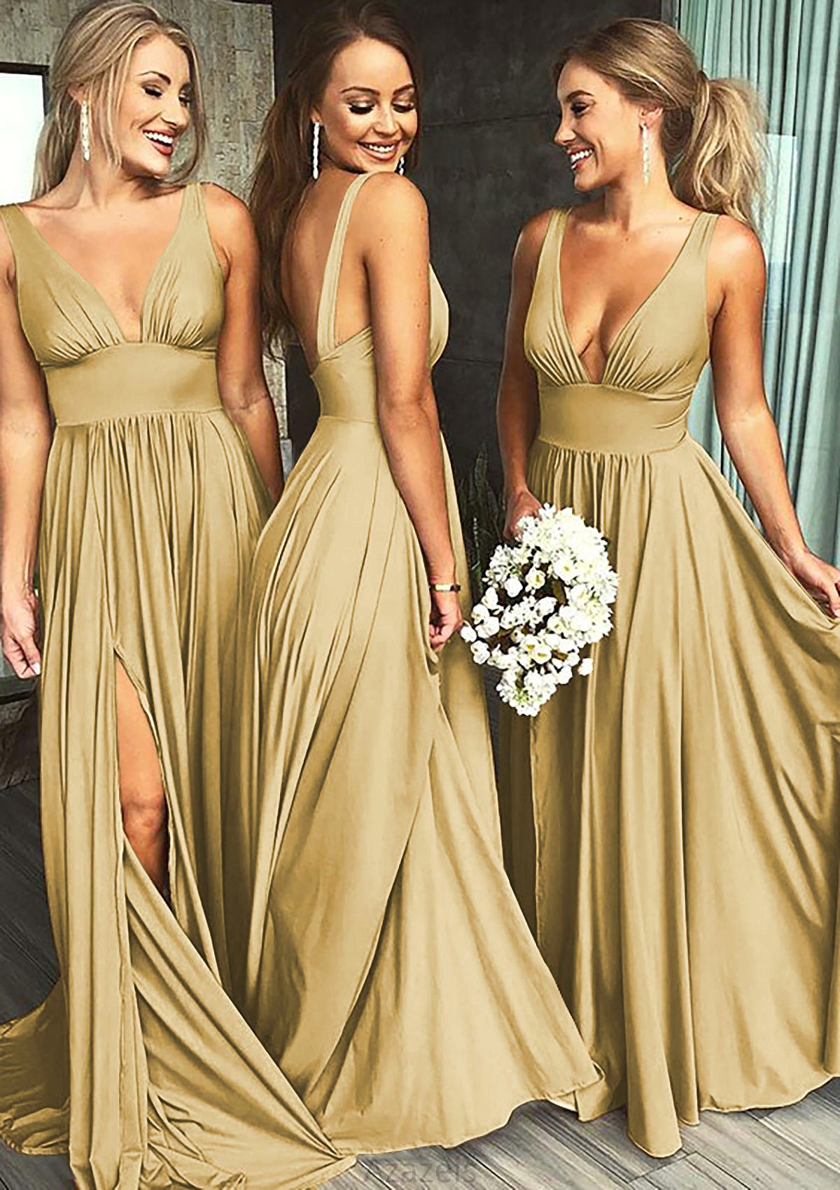 A-Line/Princess V-Neck Sweep Train Jersey Bridesmaid Dresses With Split Front Pleated Waistband Amaya DFP0025336