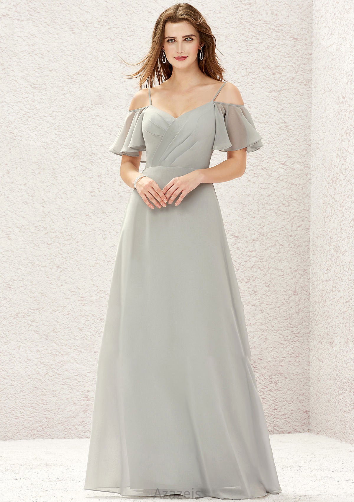 A-line Sweetheart Short Sleeve Long/Floor-Length Chiffon Bridesmaid Dresses With Pleated Giuliana DFP0025338