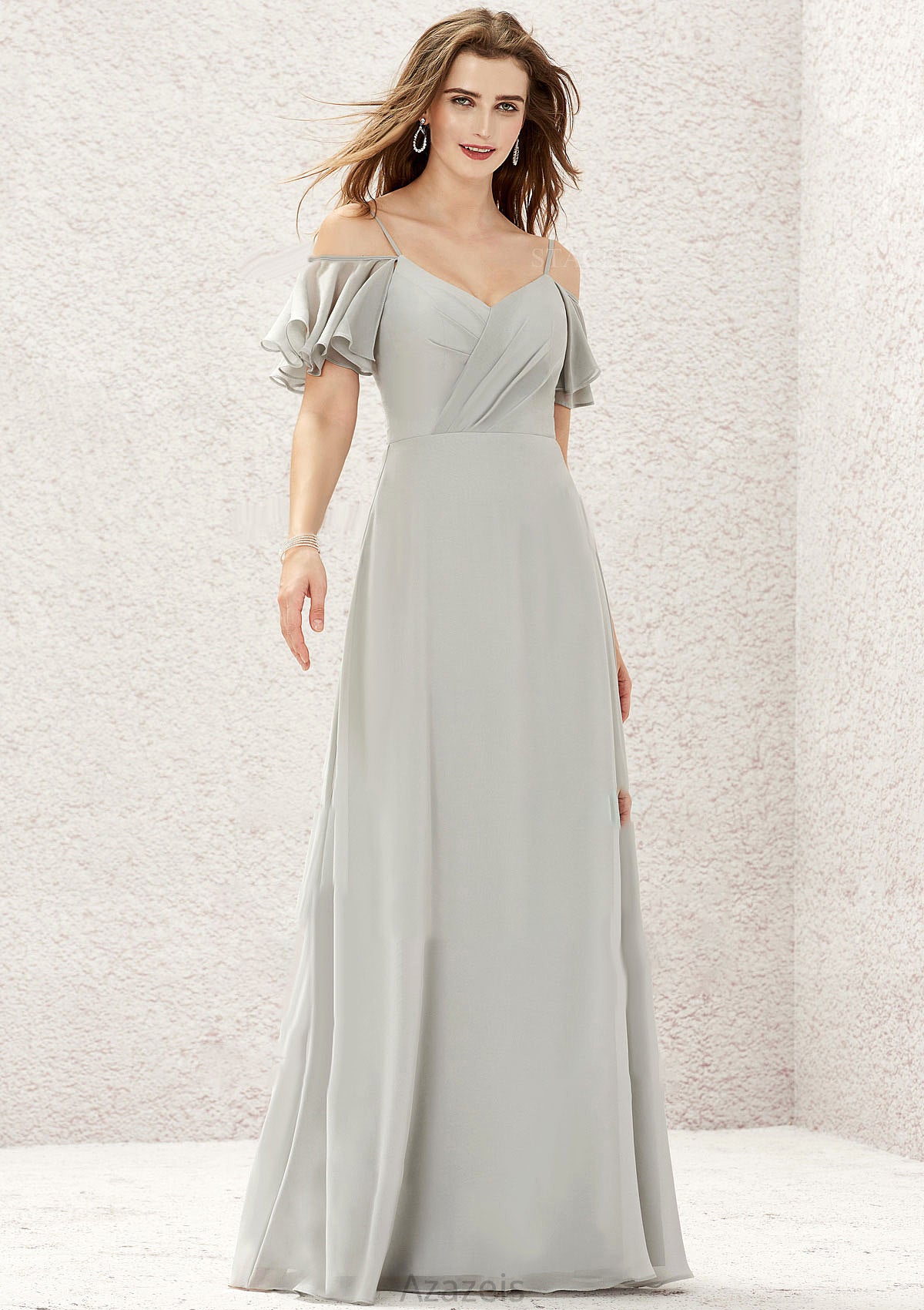 A-line Sweetheart Short Sleeve Long/Floor-Length Chiffon Bridesmaid Dresses With Pleated Giuliana DFP0025338